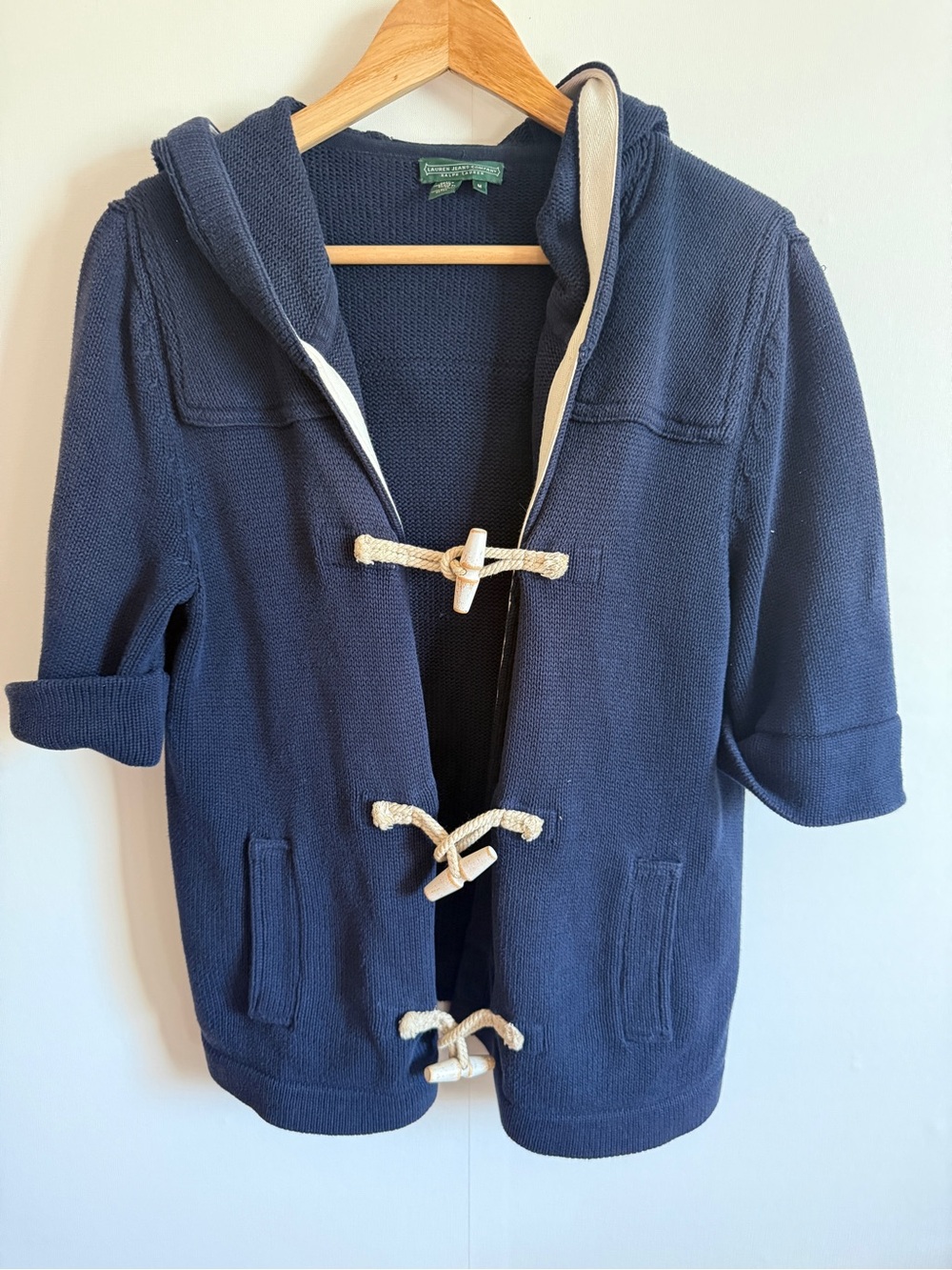 Lauren Ralph Lauren Toggle Hoodie Knit Jacket Navy Cotton Size M